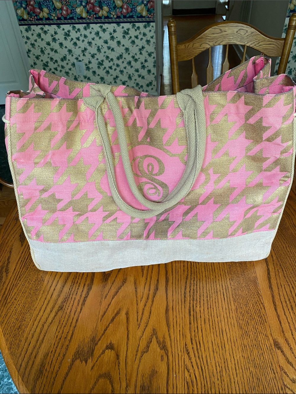 Pink & Gold Houndstooth Tote Bag with Monogram with a S